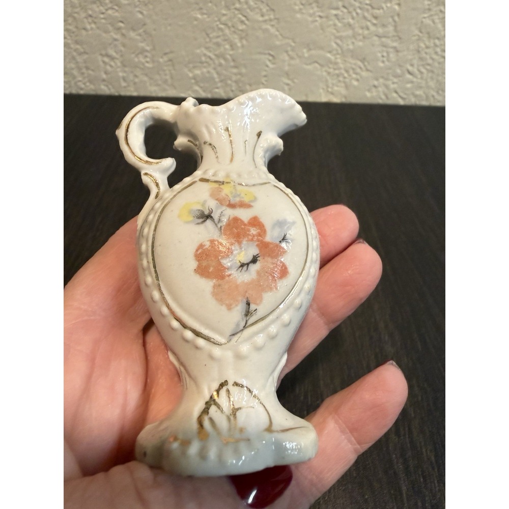 Mini Ceramic Floral Pitcher Jug w/ Handle Spout, White Blue Orange, Gold Trim